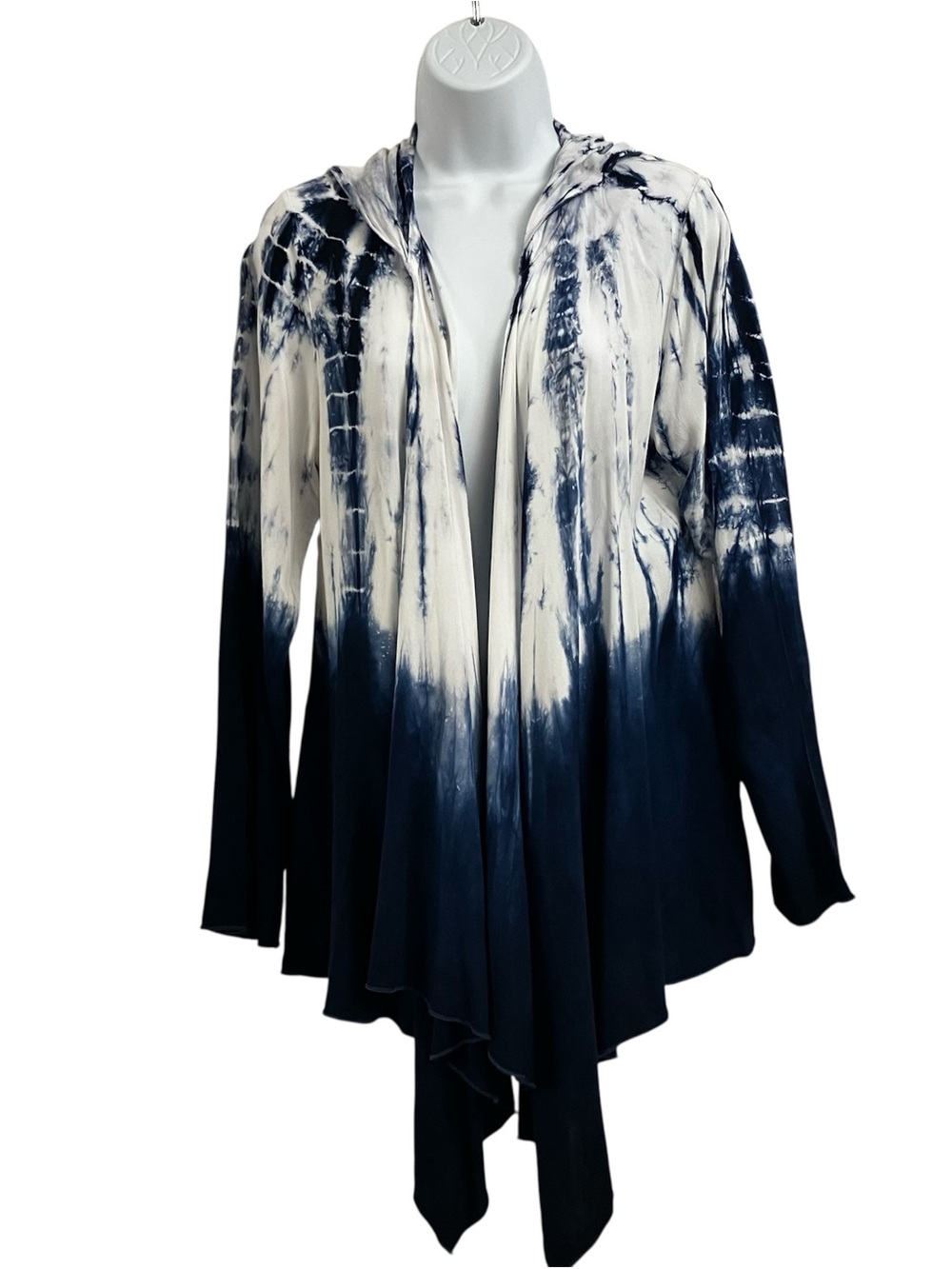 Tryst Deep Royal Blue and White Tie-Dye Hooded Cardigan, M